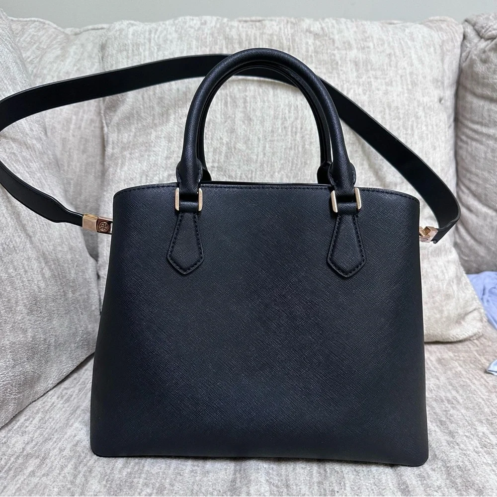 Tory Burch Robinson Medium Triple Compartment Black Leather Tote Bag - Picture 4 of 16